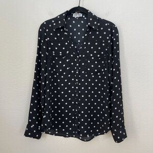 Express Portofino Shirt Womens XS Black White Polka Dot Roll Tab Sleeve Blouse